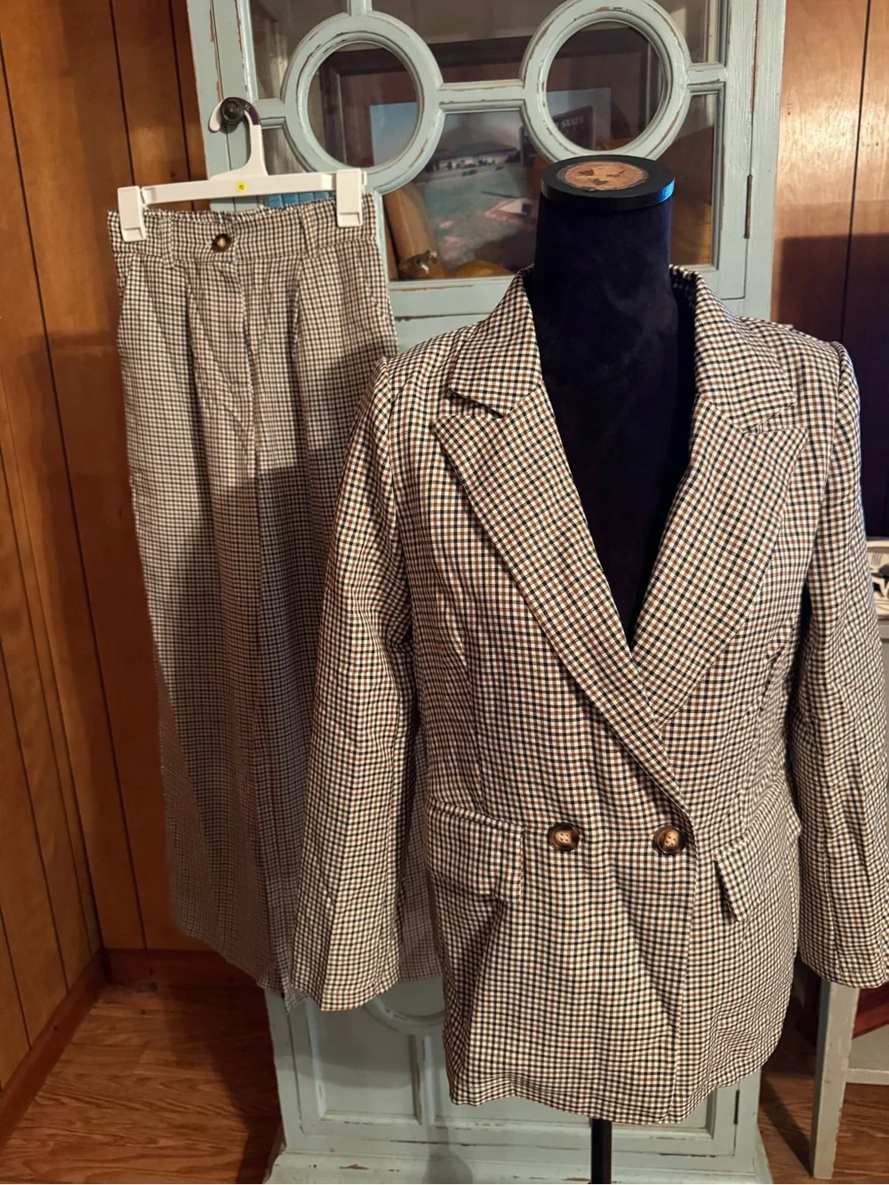 Ladies Double-Breasted Houndstooth Blazer Pants Brown & Black Cream Small B7